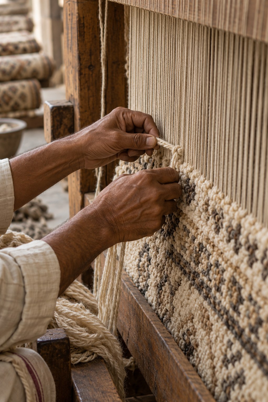 Close-up of artisan hands knotting wool on a traditional carpet loom