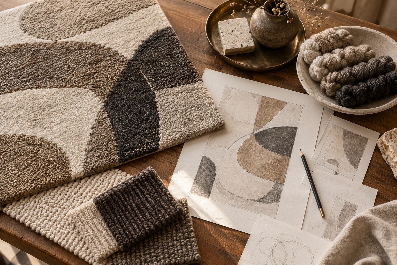 Bespoke rug sketches, yarn swatches and material samples on a design table