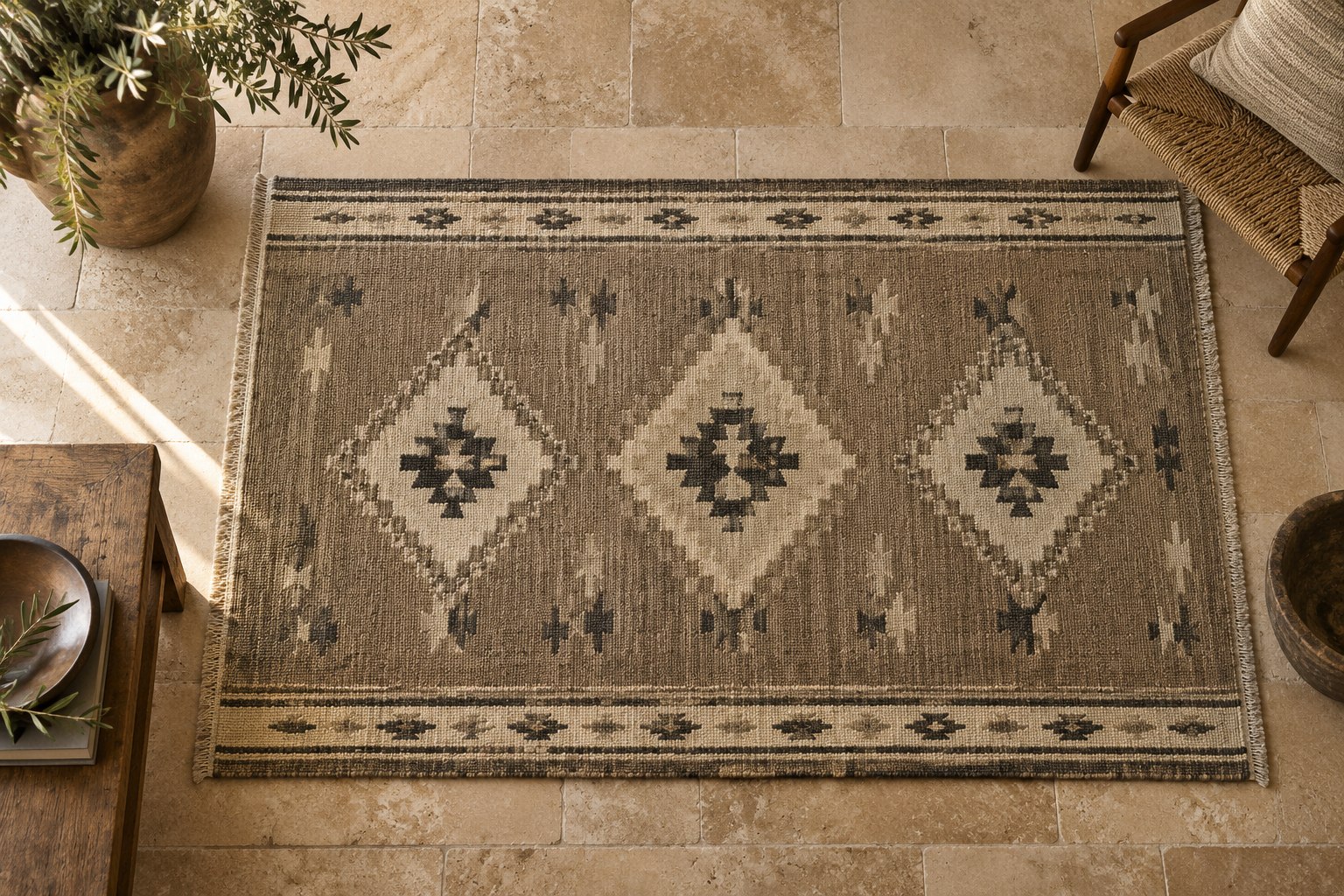 Earth-toned flatweave kilim rug with a geometric diamond pattern