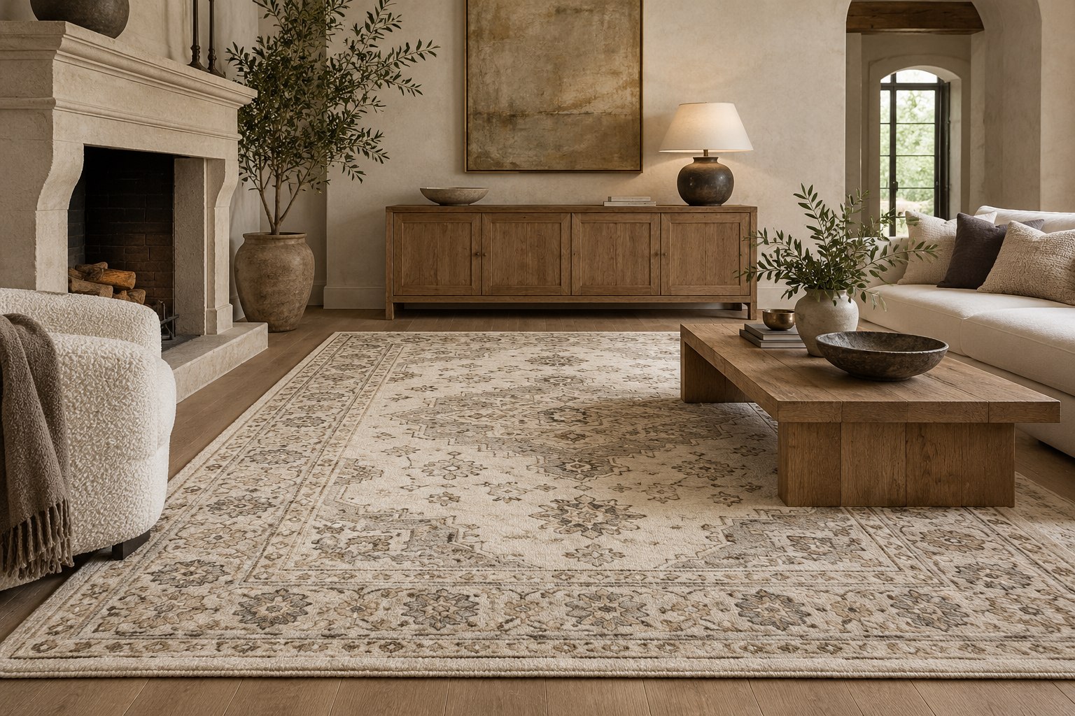 Ivory and taupe hand-knotted wool rug in a refined living room
