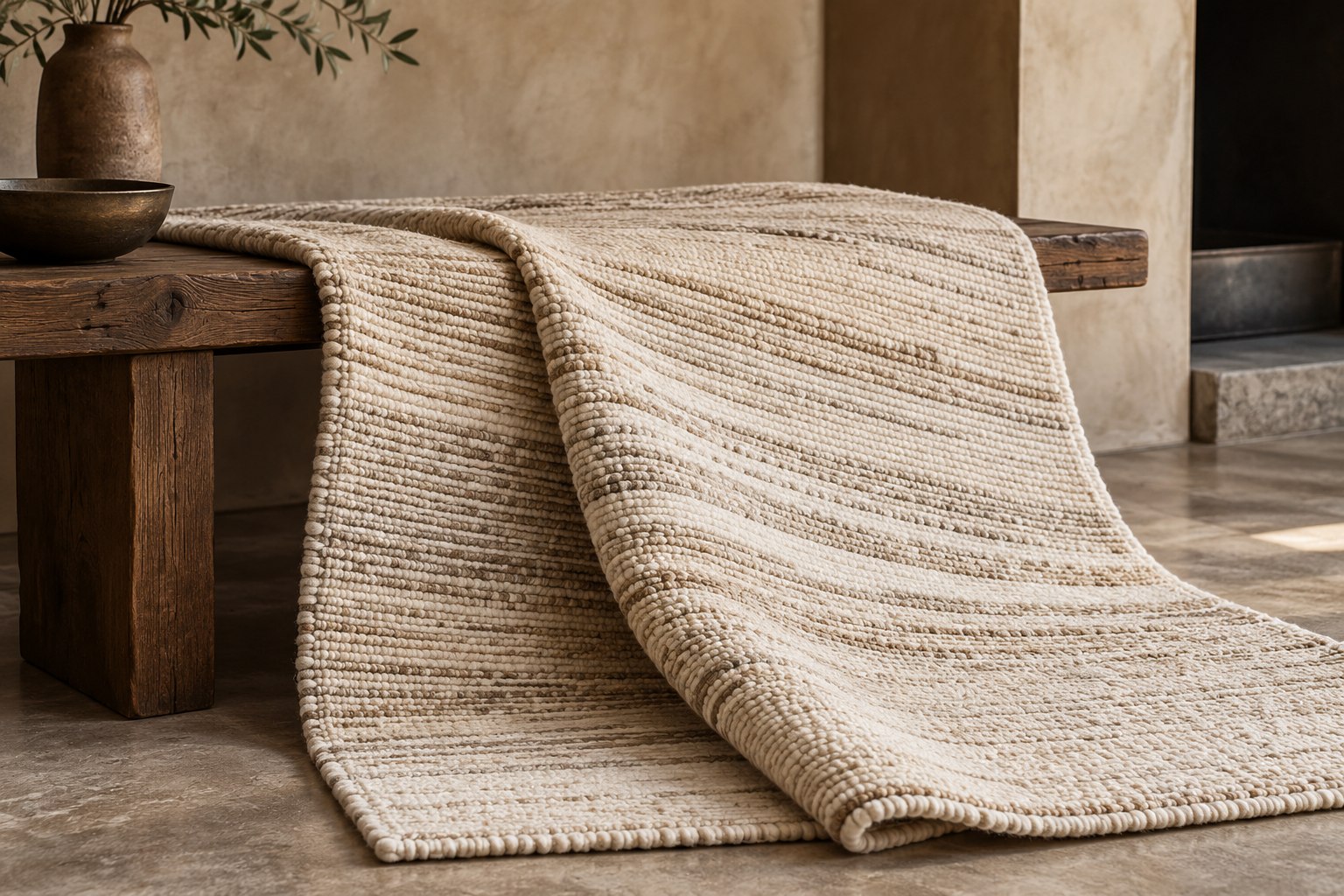 Handwoven wool rug with subtle ivory and sand linear textures