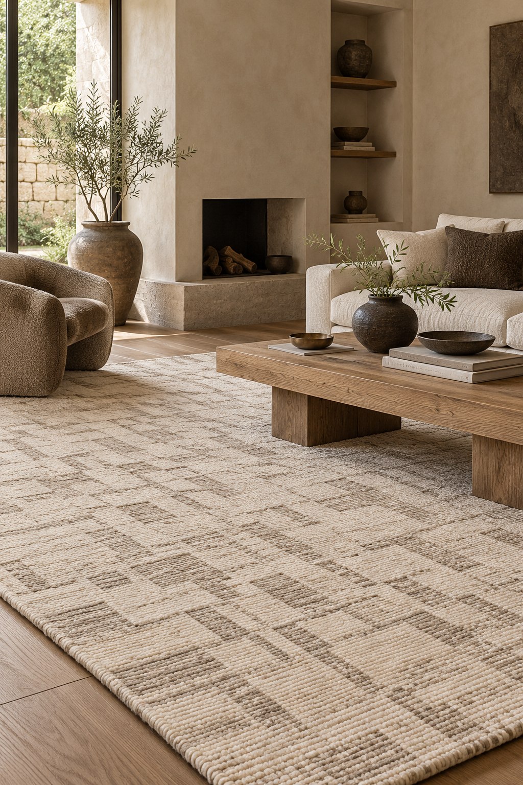 Ivory handmade rug in a warm contemporary living room