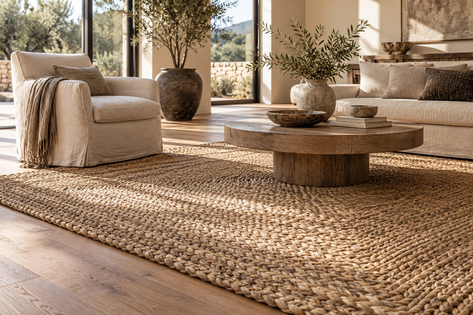 Natural fiber rug in a sunlit living room